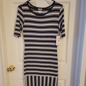 LuLaRoe Julia Dress, size XS, black/white/pink stripes.